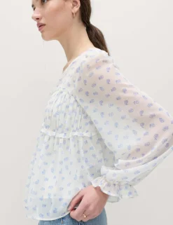 V-Neck Ruffle Detail Long Sleeve Blouse