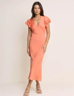 V-Neck Ruffle Sleeve Midi Bodycon Dress
