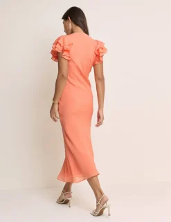 V-Neck Ruffle Sleeve Midi Bodycon Dress