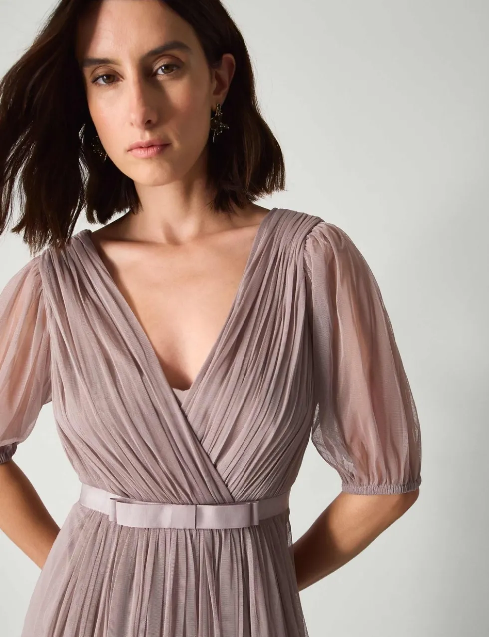 V-Neck Sheer Sleeve Maxi Column Dress