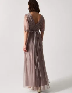 V-Neck Sheer Sleeve Maxi Column Dress