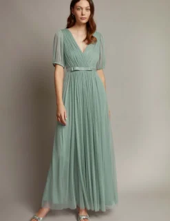V-Neck Sheer Sleeve Maxi Waisted Dress