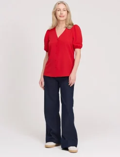 V-Neck Short Sleeve Button-Through Top