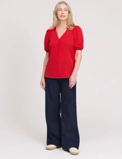V-Neck Short Sleeve Button-Through Top