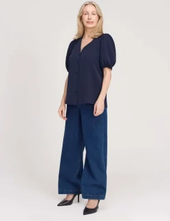 V-Neck Short Sleeve Button-Through Top