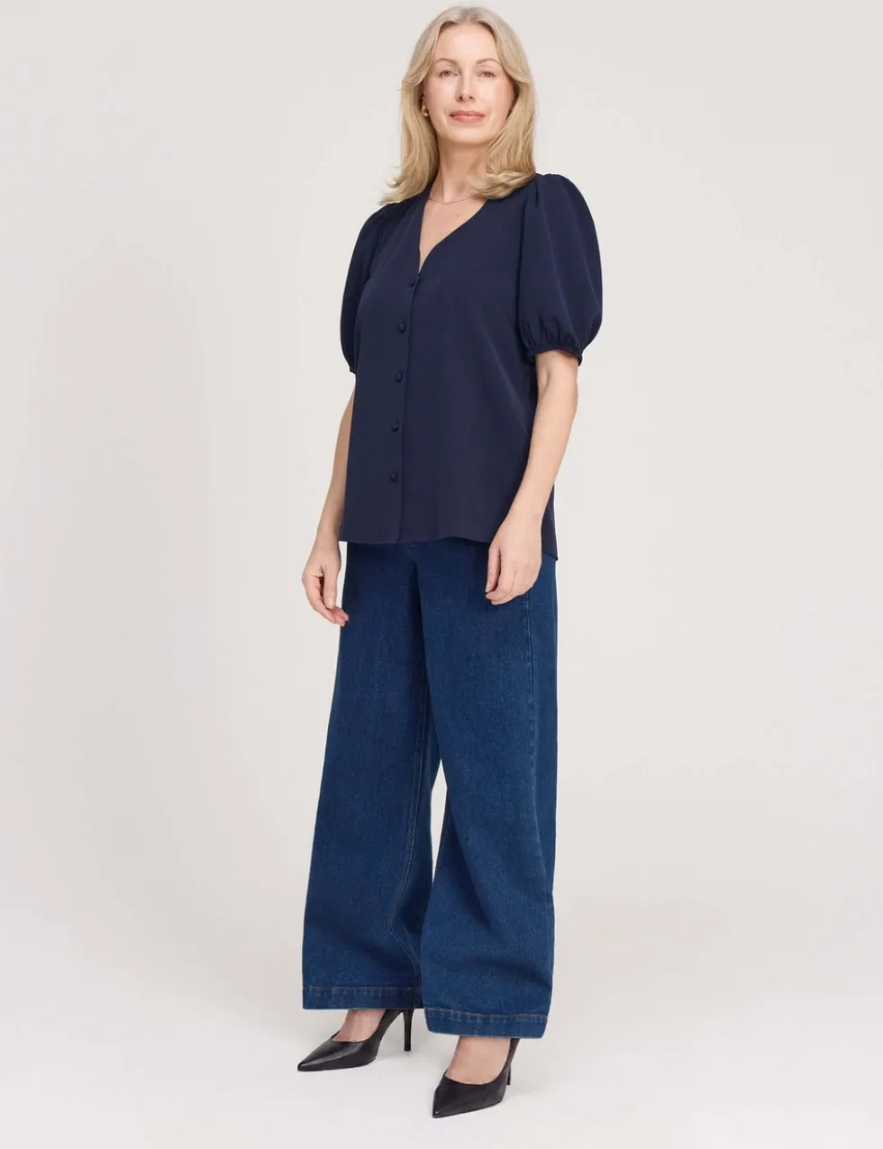 V-Neck Short Sleeve Button-Through Top