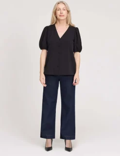 V-Neck Short Sleeve Button-Through Top