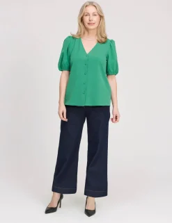 V-Neck Short Sleeve Button-Through Top