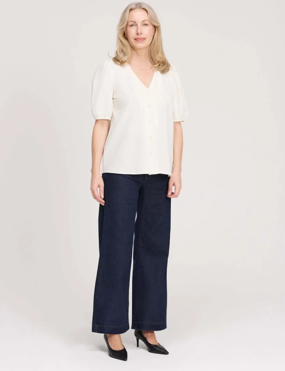 V-Neck Short Sleeve Button-Through Top
