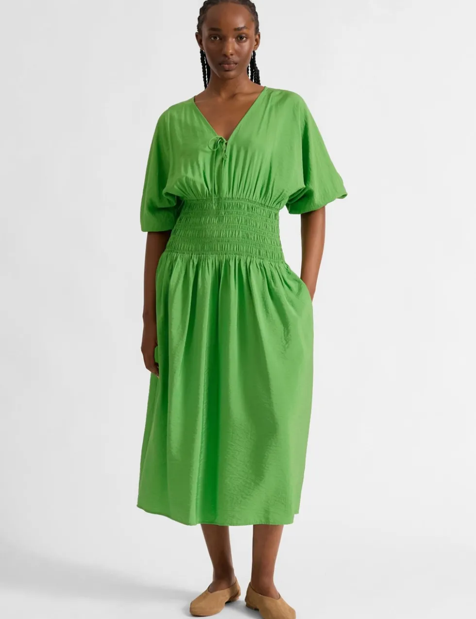 V-Neck Tie Detail Midi Waisted Dress