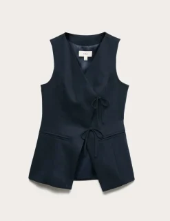 V-Neck Tie Front Waistcoat with Linen