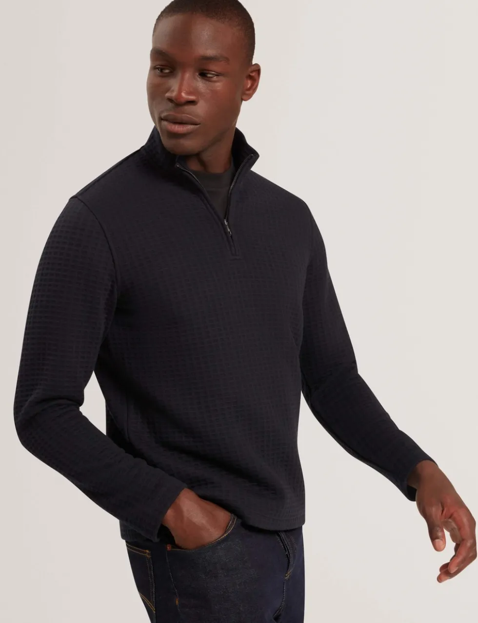 Waffle Funnel Neck Half Zip Sweatshirt