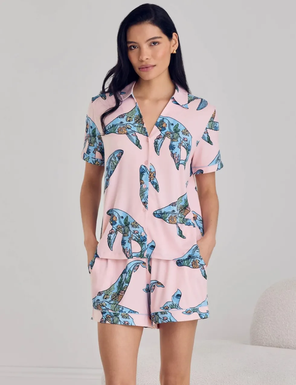 Whale Print V-Neck Shortie Set