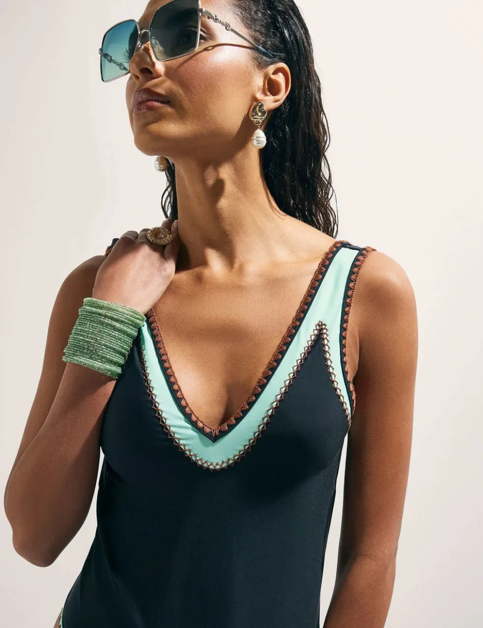 Whipstitch Padded Plunge Swimsuit
