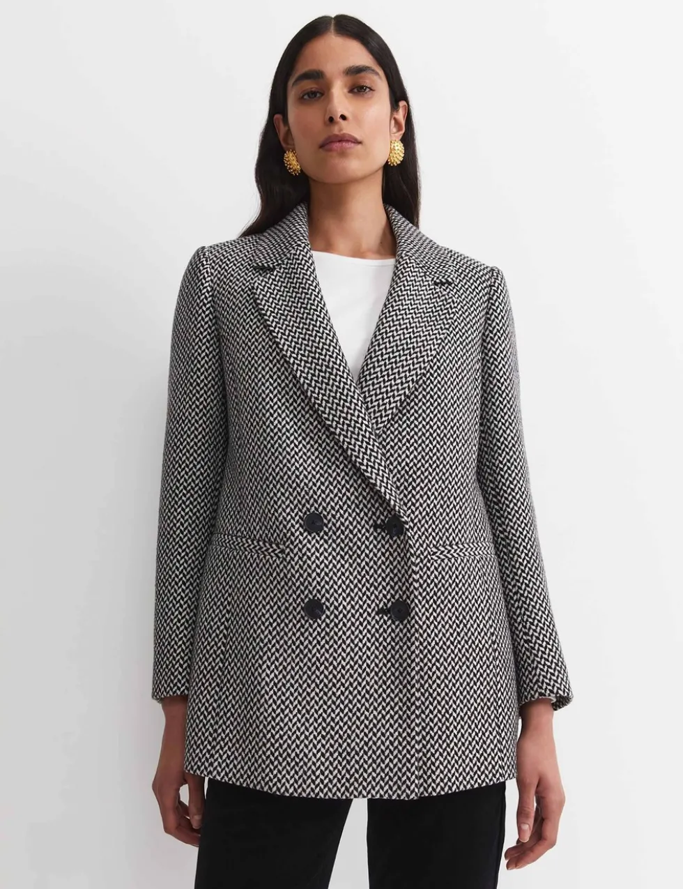 Wool Blend Checked Double Breasted Blazer