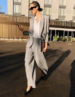 Wool Blend Checked Tailored Wide Leg Trousers