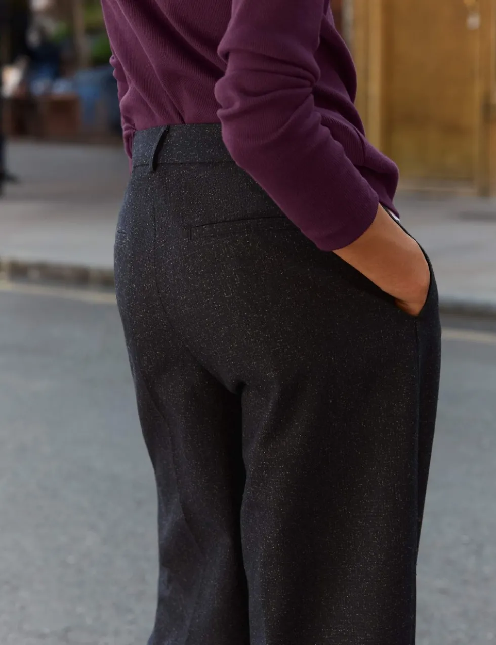 Wool Blend Checked Wide Leg Trousers