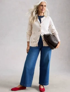 Wool Blend Embroidered Crew Neck Cardigan