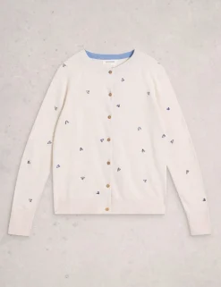 Wool Blend Embroidered Crew Neck Cardigan