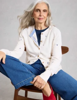Wool Blend Embroidered Crew Neck Cardigan