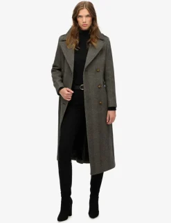 Wool Blend Herringbone Double Breasted Coat