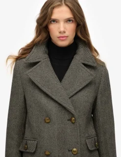 Wool Blend Herringbone Double Breasted Coat