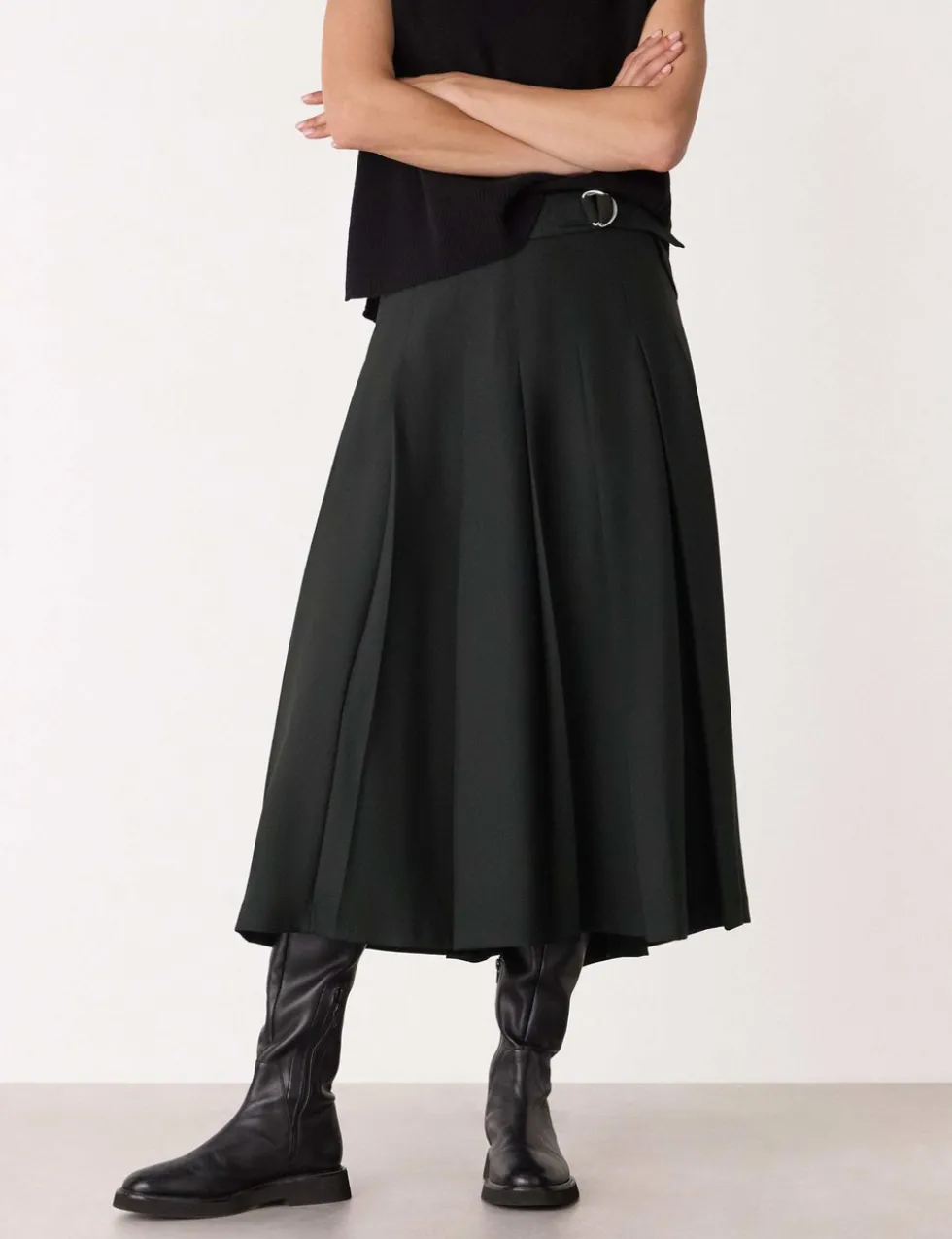 Wool Blend Pleated Midi Kilt Skirt