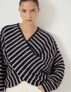 Wool Blend Striped V-Neck Cross Front Jumper