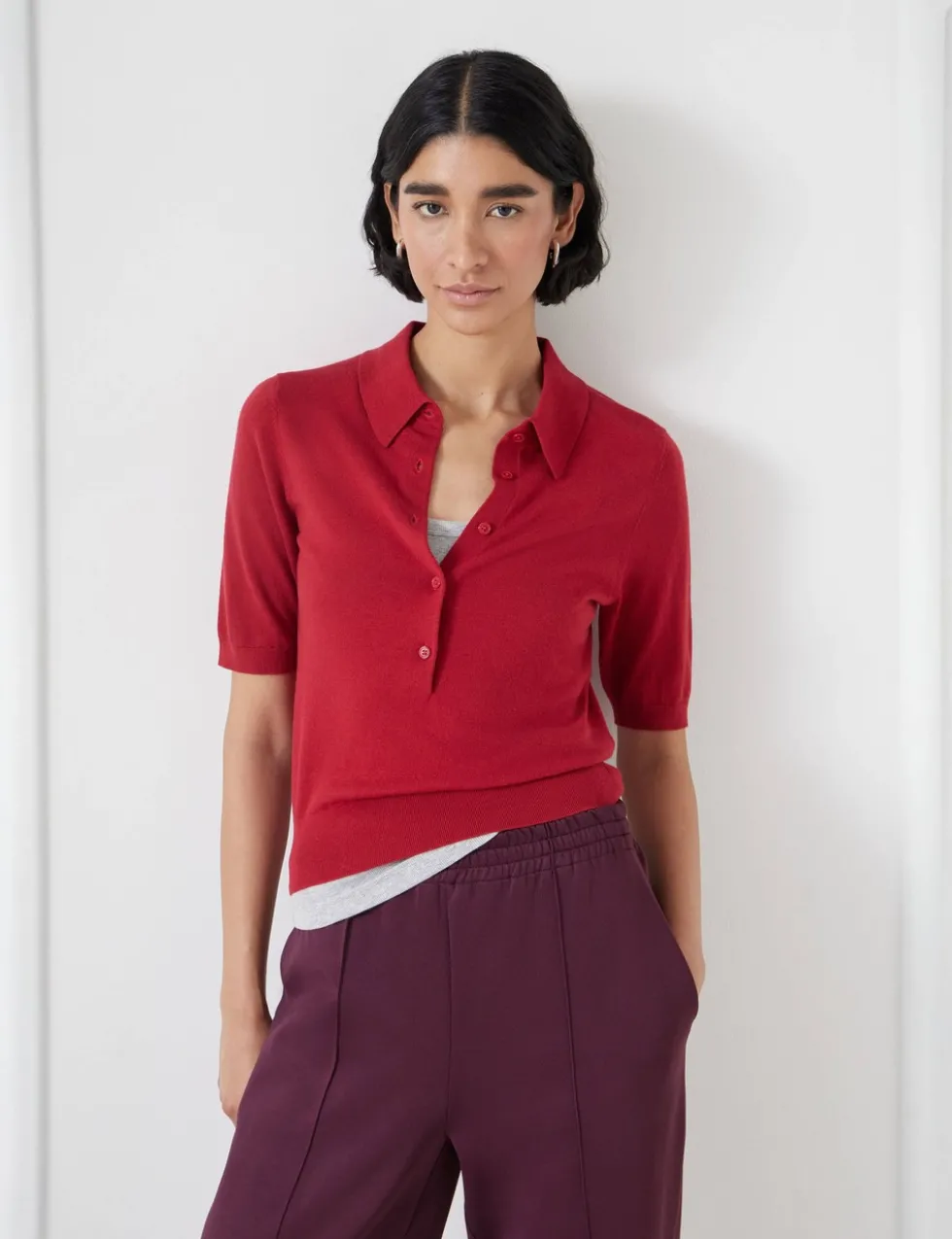 Wool Blend Textured Polo Neck Knitted Top