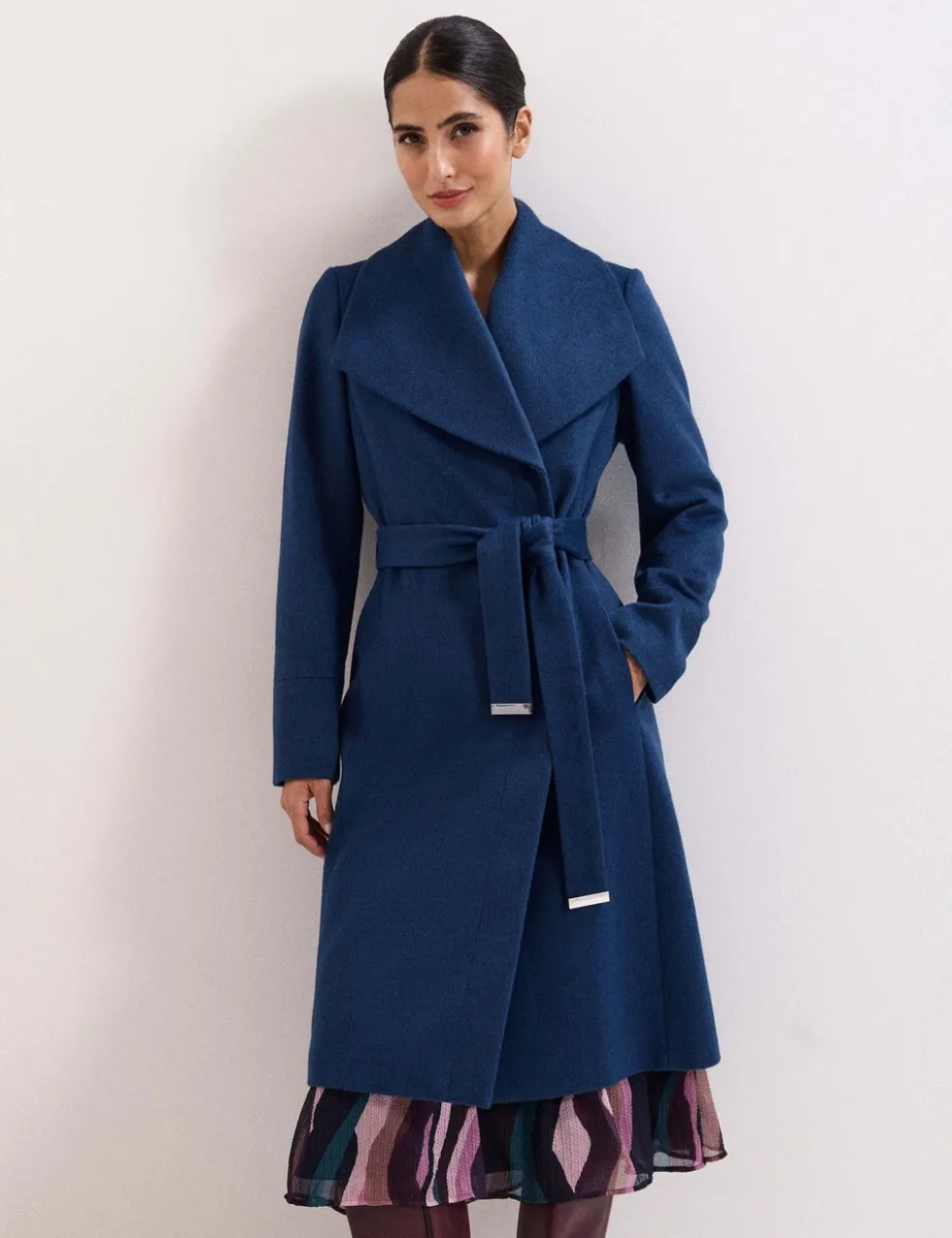 Wool Rich Belted Collared Longline Wrap Coat