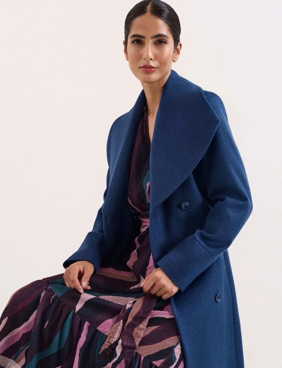 Wool Rich Belted Collared Longline Wrap Coat