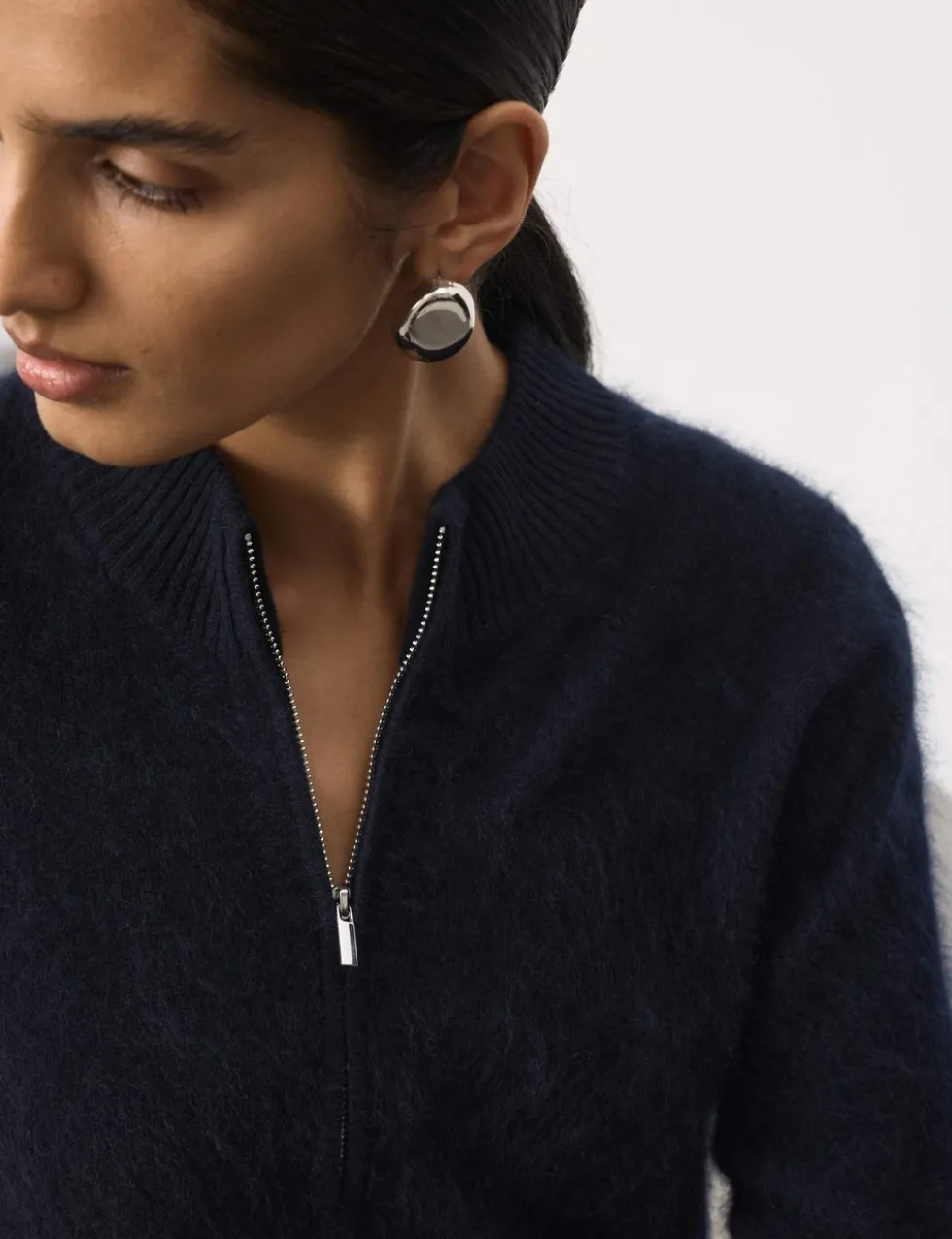 Wool Rich Brushed Zip Up Cardigan with Cashmere