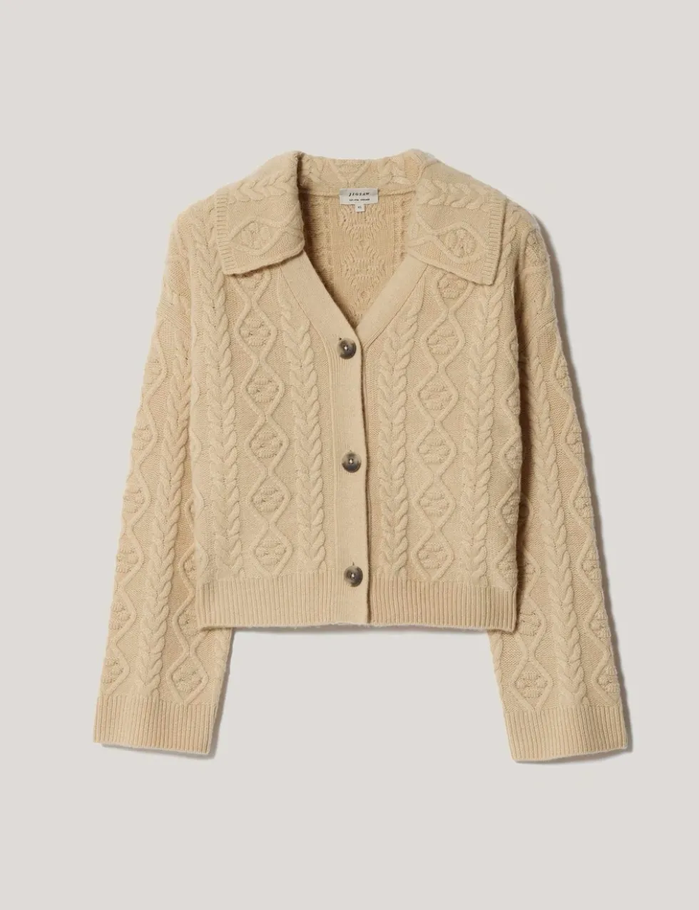 Wool Rich Cable Knit Collared V-Neck Cardigan