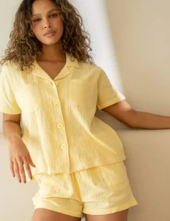 Woven Double Cloth Revere Collar Shirt and Short Pyjama Set