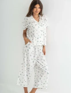 Woven Double Cloth Revere Collar Shirt & Cropped Trouser Pyjama Set