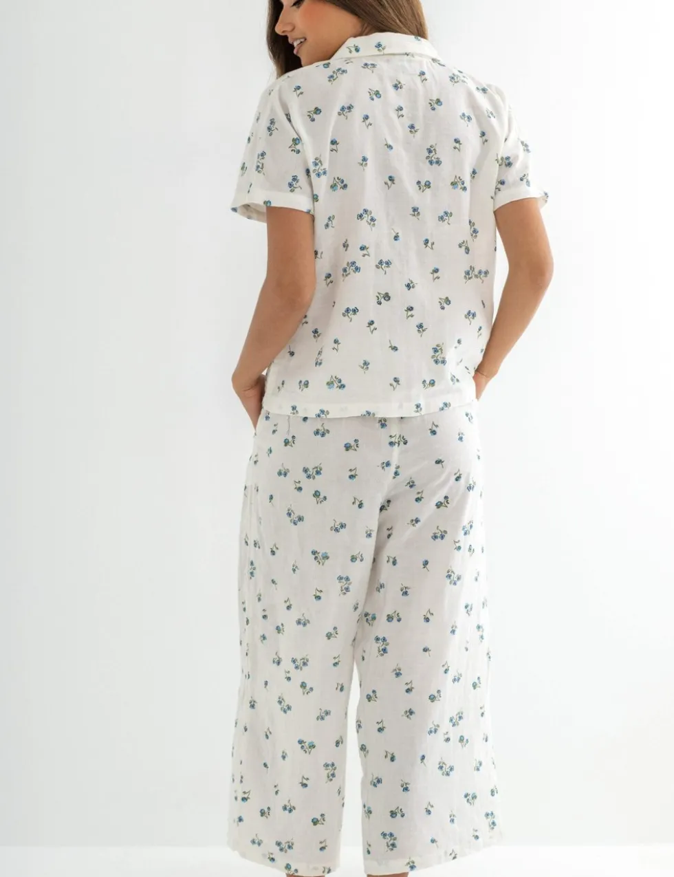 Woven Double Cloth Revere Collar Shirt & Cropped Trouser Pyjama Set