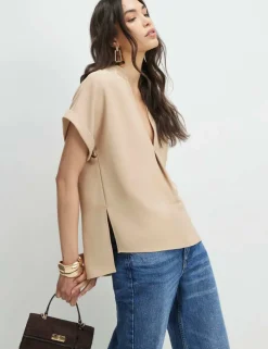 Woven Notch Neck Stepped Hem T-Shirt