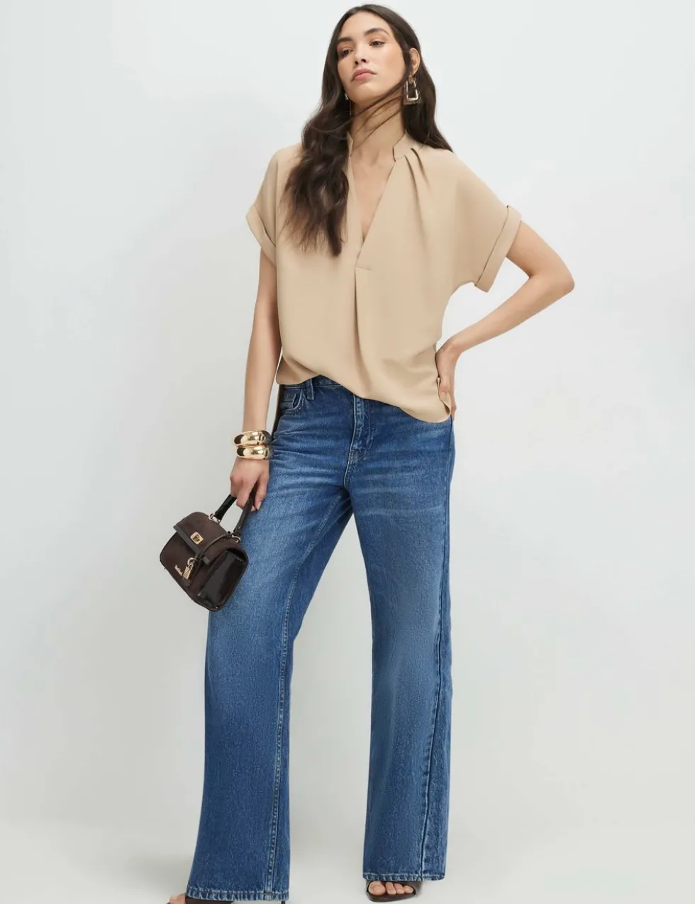 Woven Notch Neck Stepped Hem T-Shirt
