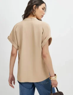 Woven Notch Neck Stepped Hem T-Shirt