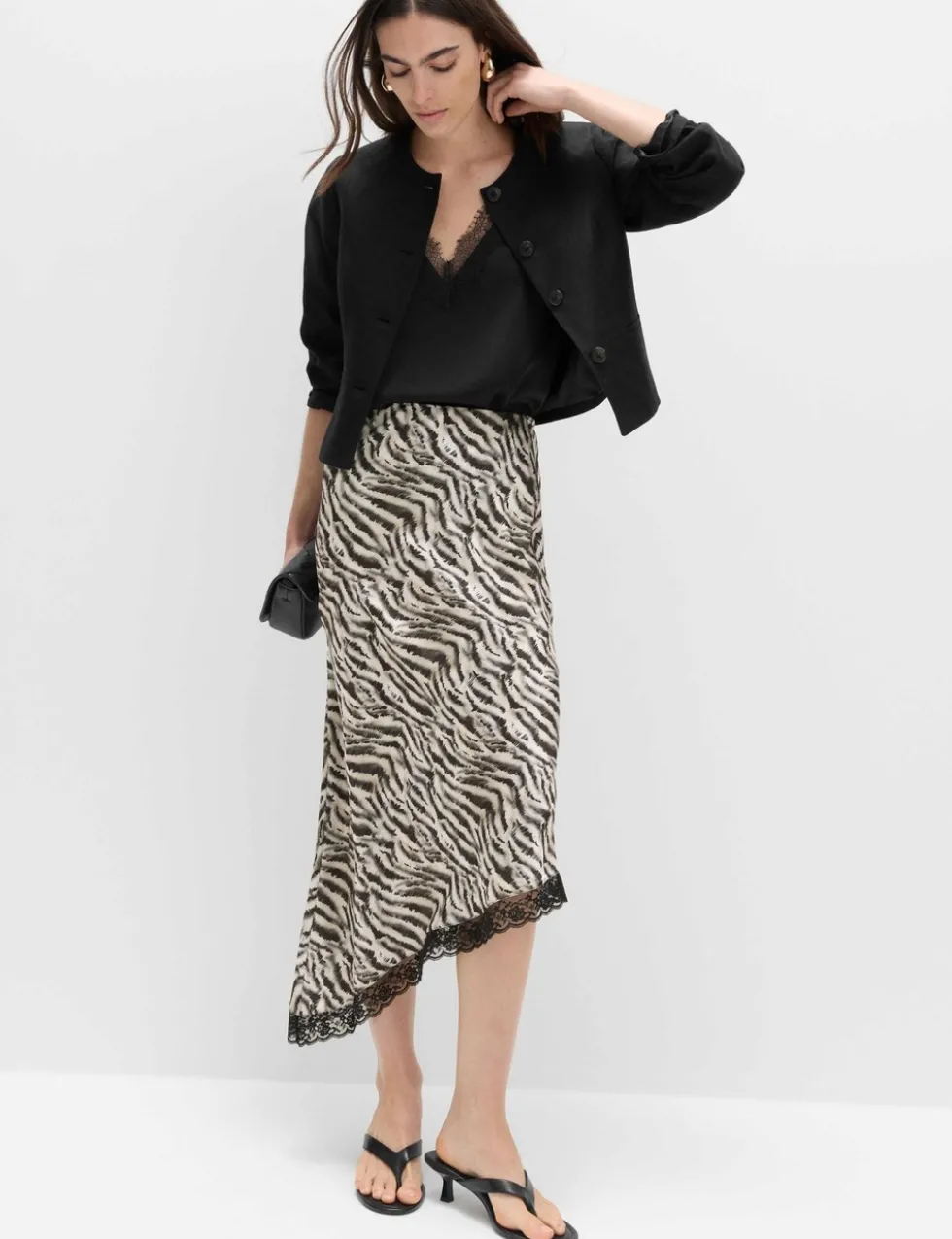 Zebra Print Lace Hem Asymmetric Midi Skirt