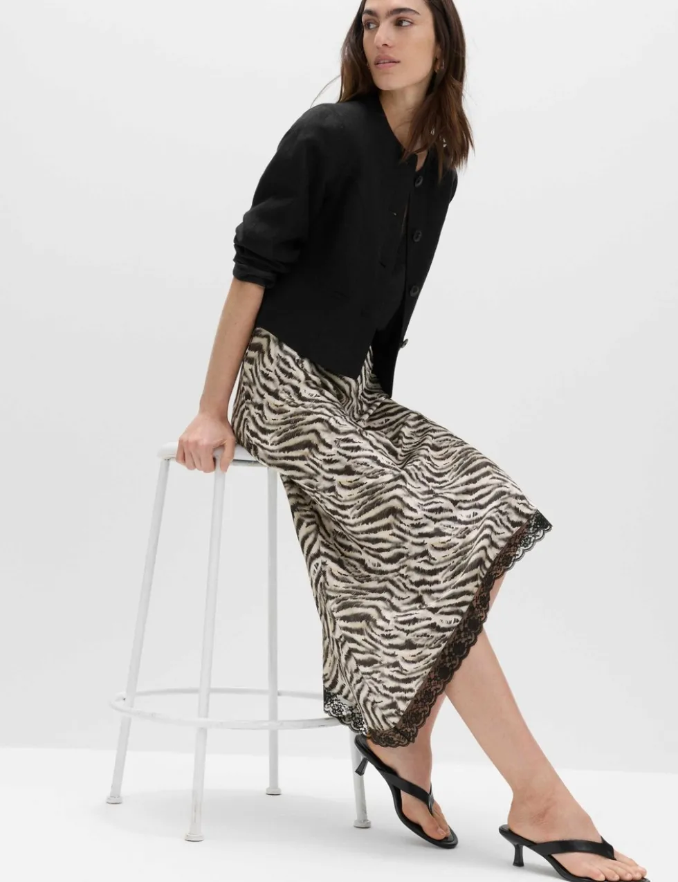 Zebra Print Lace Hem Asymmetric Midi Skirt