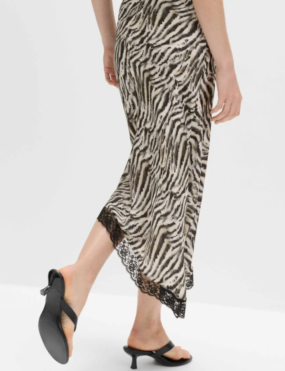 Zebra Print Lace Hem Asymmetric Midi Skirt