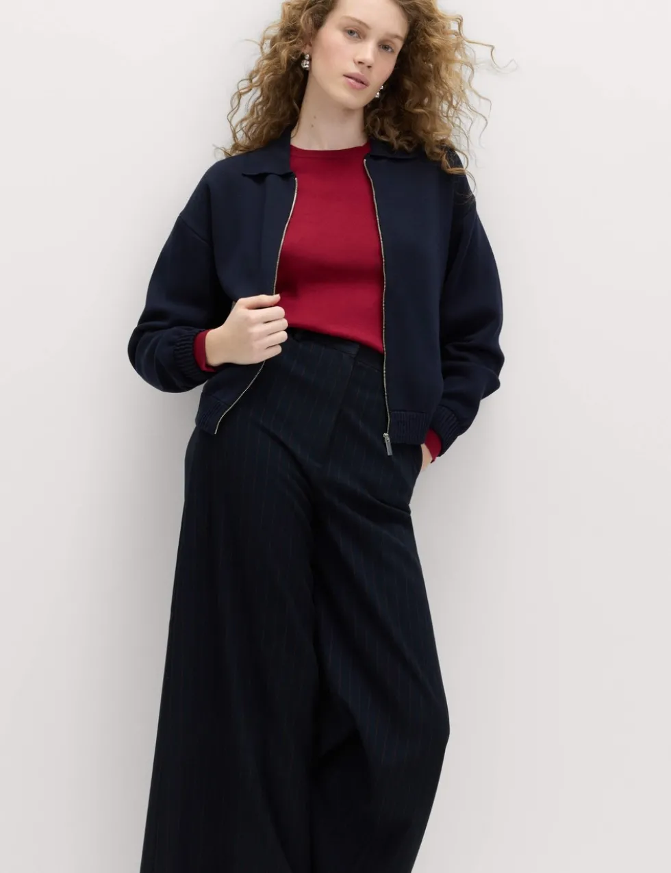 Zip Up Knitted Collared Bomber Cardigan
